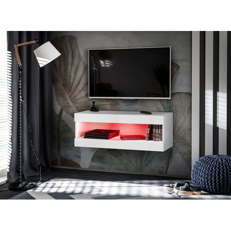 Komodee, Meuble TV - Armoire Suspendue Tivoli RTV2, Blanc/Blanc, Largeur 100cm x Hauteur 36cm x Profondeur 35cm, LED Multicolore, pour Salon, Chambre à coucher (1/5)