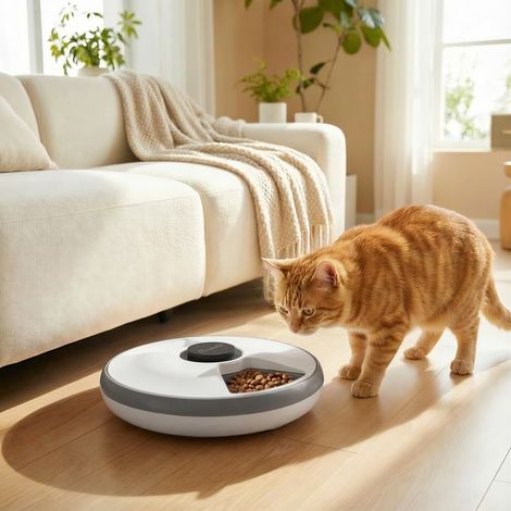 Distributeur automatique de nourriture pour chat 31,5x31,5x8,3 cm gris, 6 repas LED FloraGrace (1/5)