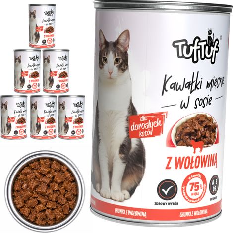 Pâtée pour chat TufTuf au bœuf, boîte de 6 x 415 g, morceaux en sauce (1/4)