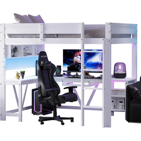 großes Gaming-Hochbett aus Holz mit Schreibtisch, Ablagefächern, LED-Beleuchtung und Ladestation