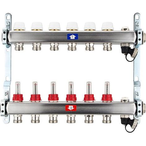 Fußbodenheizungsverteiler aus Edelstahl mit Topmeter für 6 Heizkreise - ohne Anschlussset (1/5)