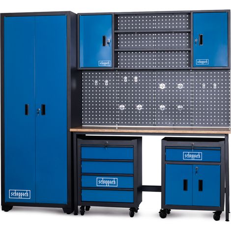 Scheppach Système modulaire d'atelier GWS08 – Atelier modulaire – Equipement d'atelier 1 armoire, 2 armoires murales, 3 étagères, 1 établi, 2 servantes d'atelier, 1 paroi perforée, 12 crochets (1/5)