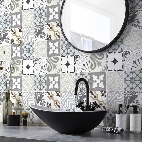 Sticker Mural Carrelage adhésif Cuisine Salle de Bain - 9 STICKERS CARREAUX DE CIMENT AUTHENTIQUES IVO - 9stickers20x20cm (1/5)