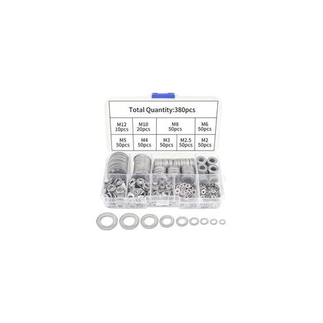 Lot de 380 rondelles en acier inoxydable - Assortiment de rondelles plates M2-M12 - Rondelles de sécurité pour charnières de porte - Joints de vidange d'huile pour réparation hydraulique (1/5)