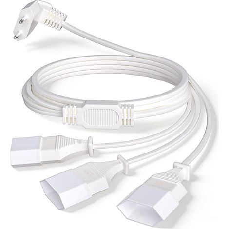 Câble d'alimentation 3 en 1, Fiche de Rallonge 3M, Rallonge Euro Secteur 250 V/2,5 A pour Téléviseurs, écrans, Projecteurs et Autres équipements, Blanc (1/5)