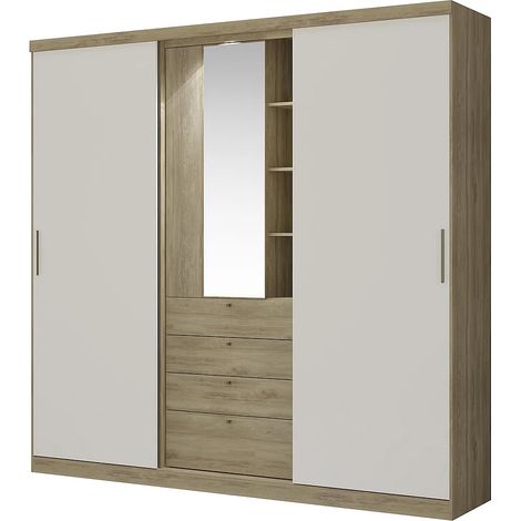Armadio 2 ante scorrevoli con specchio e cassetti L.240 cm Quercia e avorio - BODIL (1/4)