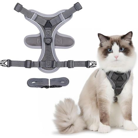 1 - Harnais Chat - Laisse Chat - Anti-Évasion Réglable avec Bandes Réfléchissantes pour Promenade Extérieure Gris 40x60cm
