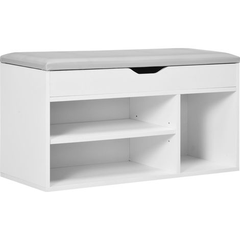 Banc à chaussures 80 x 30 x 43 cm coffre rangement assise rembourrée gain de place contemporain entrée en bois blanc (1/5)