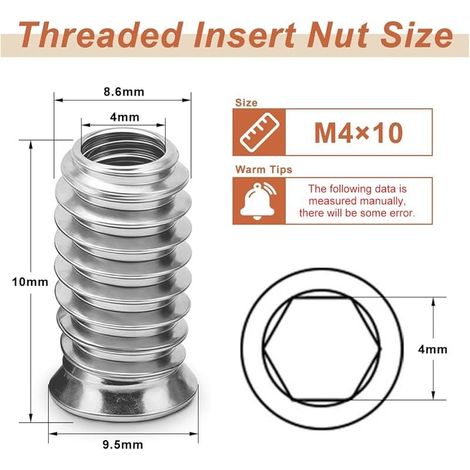 M4 Insert Fileté Bois, écrous à Visser M4 X 10mm Manchons à Visser Galvanisés écrou Hexagonal Fileté pour Meubles en Bois, 40 Pièces, Argent