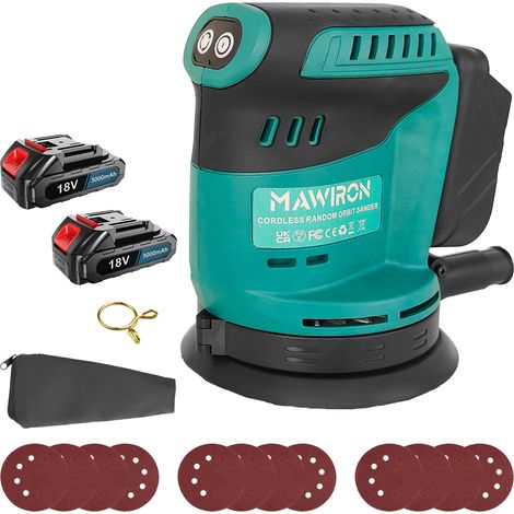 Ponceuse excentrique sans fil 125 mm avec 2 batteries de 3,0 Ah et chargeur, 12 papiers abrasifs et sac collecteur de poussière, ponceuse manuelle ergonomique pour bois, métal, voiture et meubles (1/5)