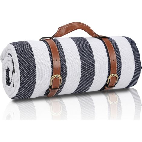 SWANEW Coperta da picnic 200x200 cm, tappeto impermeabile per esterni, portatile, per il campeggio e la spiaggia,Strisce bianche e blu (1/5)