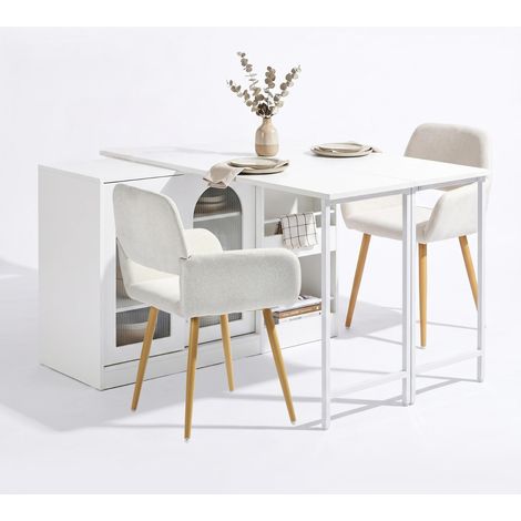 FurnitureR MDF Essgruppe mit Dreh-Klapptisch und 2 Stoffstühlen Weißer MDF-Klapptisch mit 360° Drehplatte, Stauraum und 2 beigen Stoffstühlen für kleine Räume (1/5)