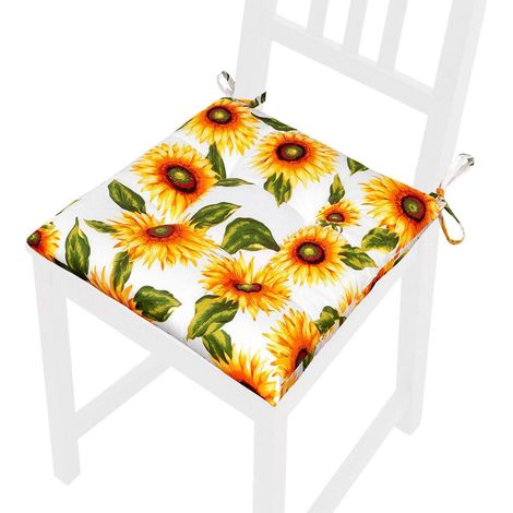 Cuscino Sedia Morbido Universale Girasoli Lacci Per Fissaggio Lavabile Coprisedie 100% Made In Italy - Bianco