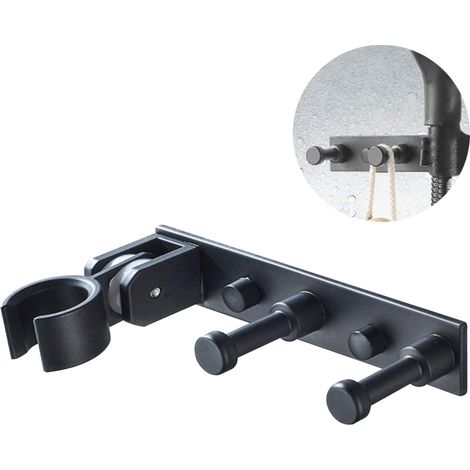 Support mural universel pour pommeau de douche à main avec 2 crochets de suspension, fixation réglable et support de douchette universel. (1/5)