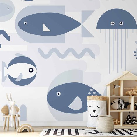 Papier peint photo - Océan minimaliste - poissons et crabes géométriques dans l'eau pour enfants (1/5)