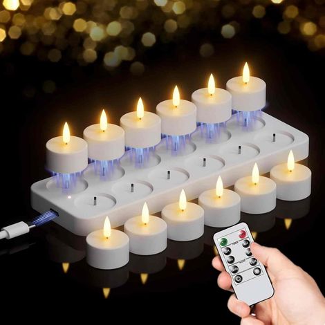 GenSwin Lot 12 bougies chauffe-plaquées rechargeables avec base de charge et à quelques minutes, bougies chauffe-plaquées LED sans inflammable, piles, centres de table pour Halloween, automne et maria (1/5)