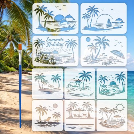 10 Pcs Pochoirs de Palmier avec Pinceau 10 Styles Pochoirs de Scène de Bord de Mer d'Été Pochoir de Dauphin Pochoir de Soleil Plage Gabarit de Thème d'Été pour Bois Mur Meuble DIY (1/5)