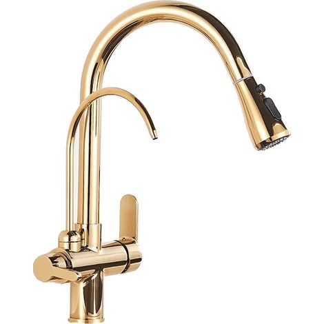 Rubinetto da cucina con doccetta estraibile, girevole a 360 gradi, finitura oro spazzolato. (1/2)