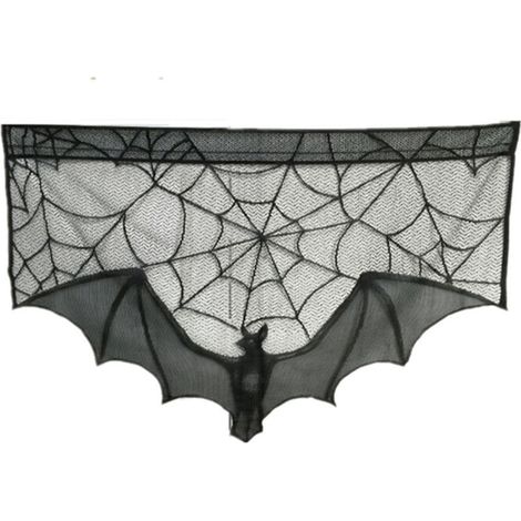 Rideau dentelle noire Halloween 93 x 58 cm – Motif chauves-souris, toiles d’araignée – Décoration intérieure (1/5)