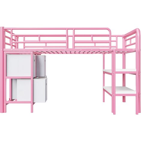 Kinder-Hochbett aus Metall 90 x 200 cm, rosa, mit Stauraum, Schubladen und Regalen (1/5)