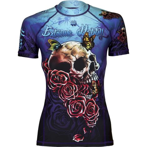 Maglia da donna a maniche corte con stampa teschio, taglia 2L, blu