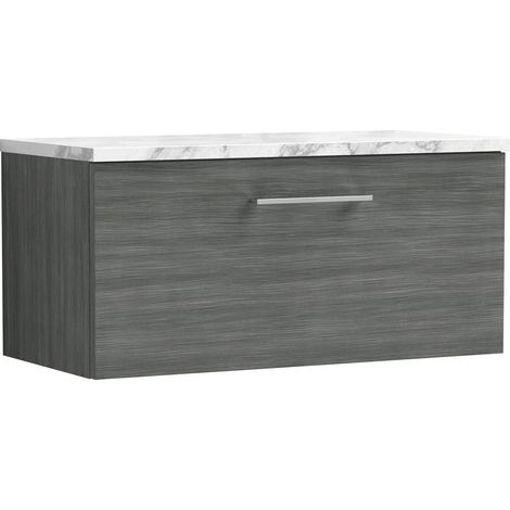 Nuie Arno Wall Hung 1-Drawer Vanity Unit with Carrera Marble Worktop 800mm Wide - Anthracite Woodgrain (1/4)