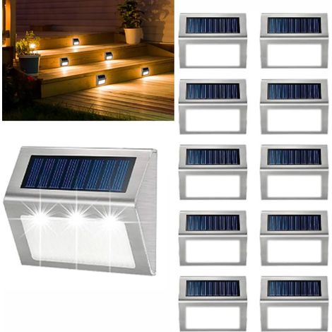 Paquete de 10 luces solares de 3 LED, lámparas de pared, luces para vallas, lámparas para escaleras exteriores, lámparas para balcón, luces de jardín de acero inoxidable