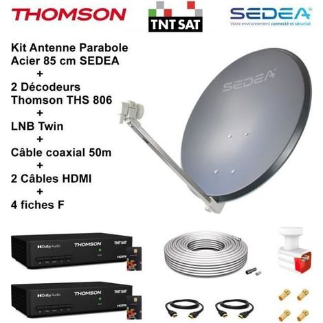 Kit Parabole Acier 85 cm - SEDEA - LNB Twin Full HD 4K - 2 Décodeurs THS 806 - Câble 50m - HDMI
