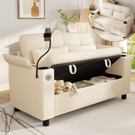 Canapé 2 places avec coffre 136,5x79,5x83,6 cm, rangements d’accoudoirs, 2 porte-gobelets, USB/Type-C, support téléphone, velours côtelé beige (1/5)