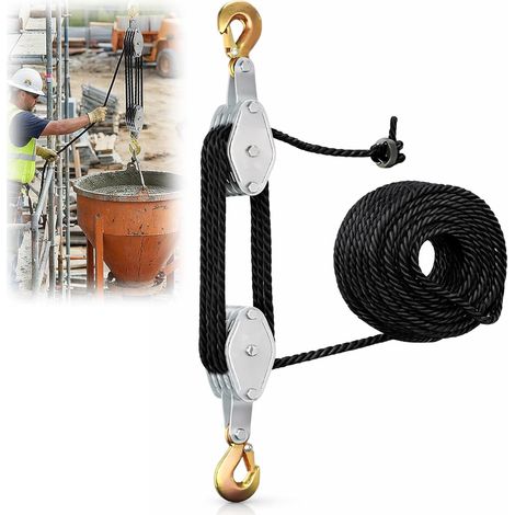 Palan économiseur de travail avec frein à corde : 2000 kg max et force de levage 8:1, palan avec corde et crochet pour garages et chantiers industriels, Noir (1/5)