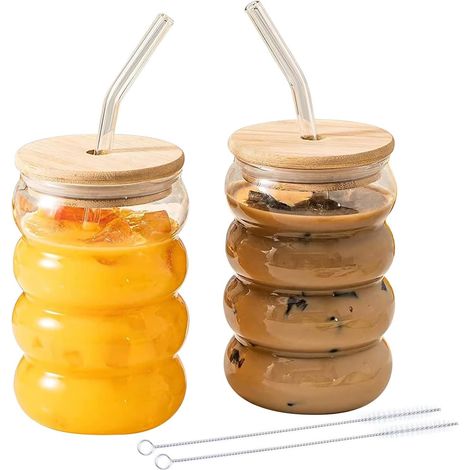 Ensemble de 2 Verres à Bubble Tea/Latte Macchiato, 300 ml, avec 2 Couvercles, 2 Pailles et 1 Goupillon, pour Café Glacé/Cocktails/Smoothies/Bières
