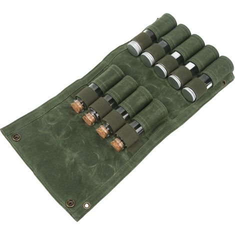 Trousse de rangement portable 9 pots pour épices, parfaite pour camping, barbecue et activités en plein air, couleur vert militaire. (1/5)