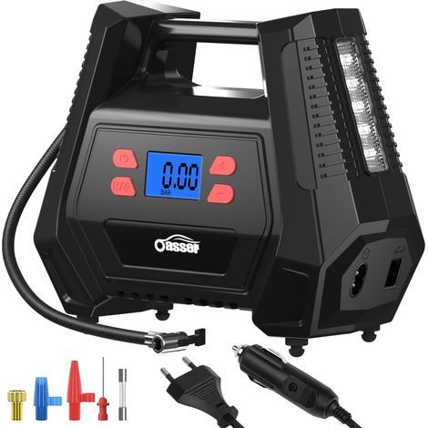 Compresseur Voiture Compresseur à Air Portatif 12v 220V Gonfleur Pneus Voiture AC/DC Double Alimentation Maison ou Allume-Cigare 150PSI pour Voitures Motos Vélos Balles (1/5)
