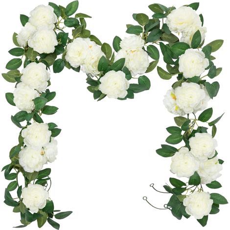 1 Guirlande, Roses artificielles, Blanches, Feuilles vertes, Réalisme, Mariage, Jardin, Mur (1/5)