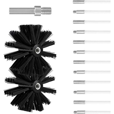 Kit de ramonage cheminée, diamètre 100 mm, outils de nettoyage pour poêle à bois, lot de 9 tiges flexibles de 410 mm et 2 têtes de brosse de 100 mm. (1/5)