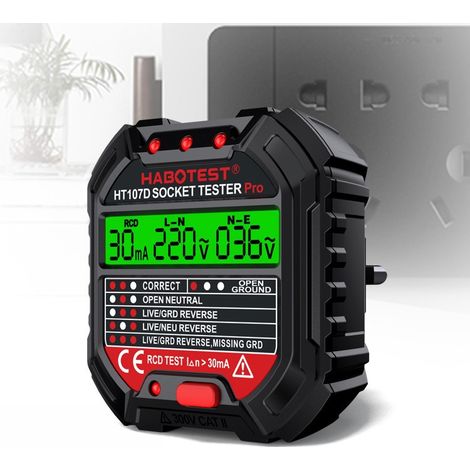 GFCI-Steckdosentester mit Spannungsanzeige, 90–250 V, Steckdosentester, automatischer Stromkreispolaritäts-Spannungsdetektor, Leistungsschalterfinder, HT107D