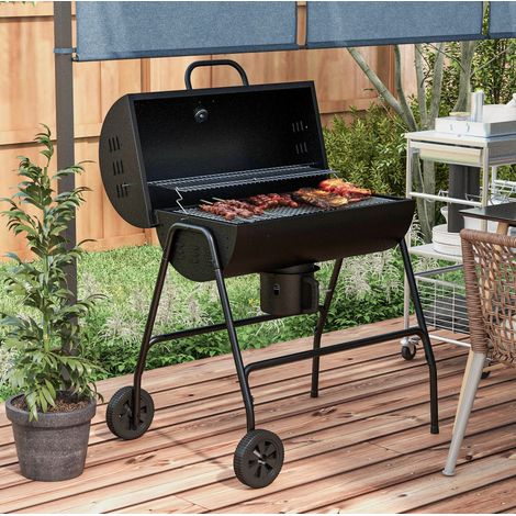 Barbacoa de carbón y ahumador con tapa, termómetro, parrilla calentadora, ruedas, negro OKMYHOME (1/5)