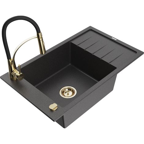 Mexen Elias fregadero de granito de 1 seno con escurridor y grifo de cocina Aster, negro moteado - 6511-76-73450-57-G