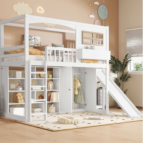 Kinder-Hochbett 90x200 cm modern mit Rutsche, Kleiderschrank, Regalen, 4-stufiger Leiter, Massivholz und MDF, Weiß Natur (1/5)