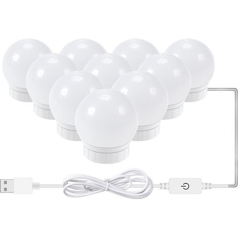 Kit de iluminación LED para espejo de tocador, con 10 bombillas ajustables, 10 niveles de brillo y 3 modos de iluminación, tipo USB, blanco - blanco (1/5)