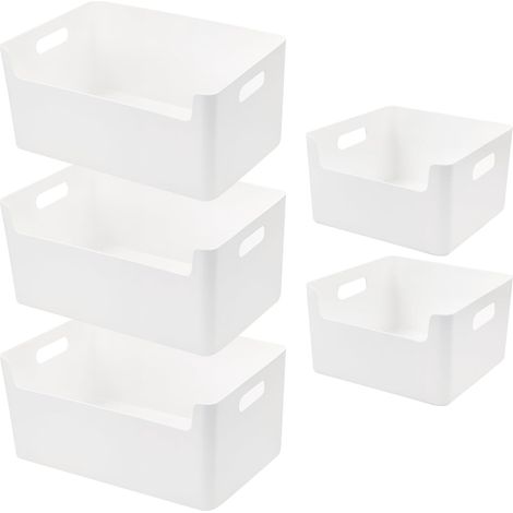 5pcs Boite de Rangement Plastique Empilables Poignées Latérales Bac Blanc Cuisine Salle de Bain Bureau (1/5)