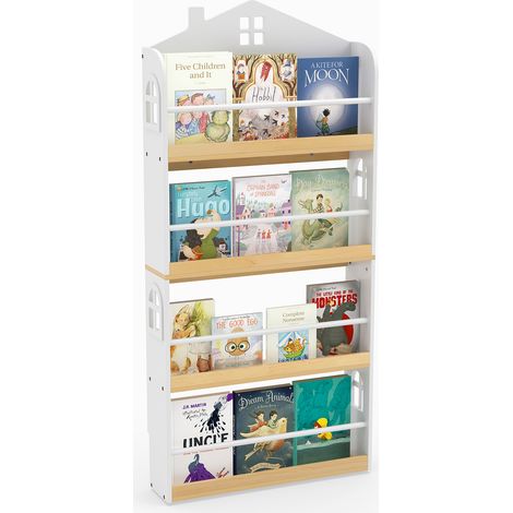 Bibliothèque pour Enfants en Forme de Maison, Étagère à 4 Niveaux avec Barrières Anti-chute et Barres Métalliques, Conception avec Socle Réservé (1/5)