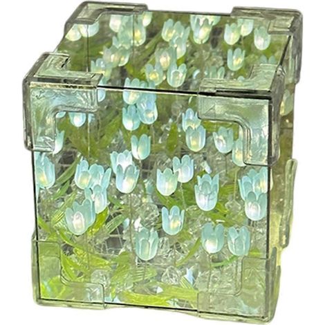 Lampe cube miroir tulipe à faire soi-même, lampe de chevet miniature tulipe faite main, cadeau bleu (1/5)