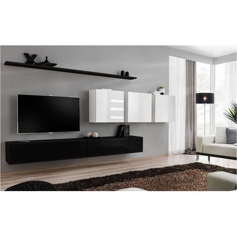 Ensemble meuble TV mural  - Switch VII - 340 cm x 150 cm  x 40 cm - Noir et blanc - Livraison gratuite