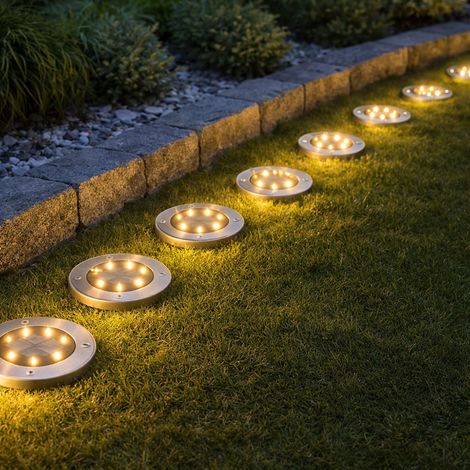 Solarlampe silber Steckleuchte Außenlampe rund, LED Terrassenleuchte Garten Bodenlampe wetterfest, Edelstahl, 8x LED warmweiß, DxH 11,5x13cm, 8er Set (1/5)