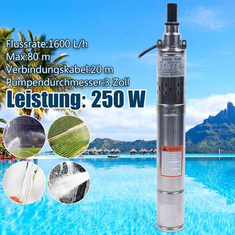 Pompe de puits profond, 240 V, 250 W, en acier inoxydable, débit max. 1600 l/h, pompe submersible max. Hauteur de refoulement 80 m Pompe tubulaire pour puits, arrosage des fermes, abreuvoir des (1/5)