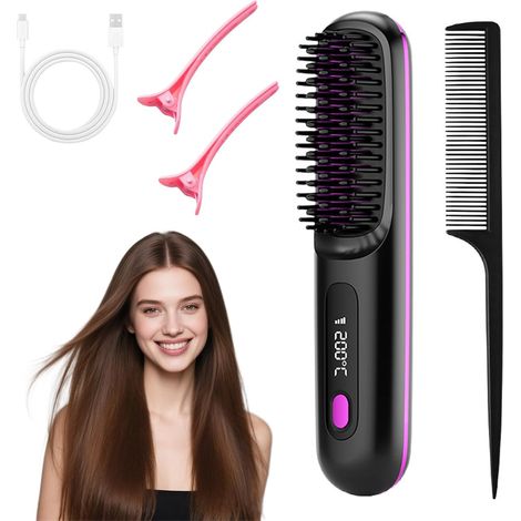 Fer à Lisser,Brosse Chauffante,Brosse Lissante Sans Fil,Lisseur Cheveux,Brosse à Lisser Portable,3 Réglages de Température,Lisseur Portable de Voyage,pour Coiffage Cheveux Voyage et Daily (1/5)