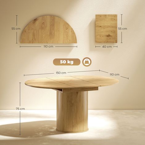 Table extensible pour 6 à 8 personnes (transformable de ronde en ovale, avec piètement), en bois et acier, couleur bois. (1/5)