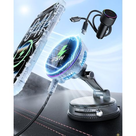 25W Wireless Car Charger, Magnetic Phone Holder with Fan and 45W Adapter, 360° Rotating Suction Cup Holder, Fast Charging, Compatible with MagSafe 17-12 (1/5)
