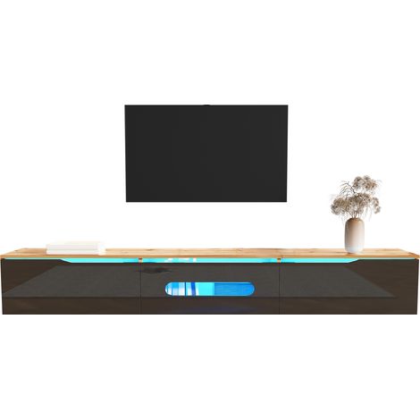 Meuble TV laqué brillant 180 cm, éclairage LED multicolore 16 teintes, support mural inclus